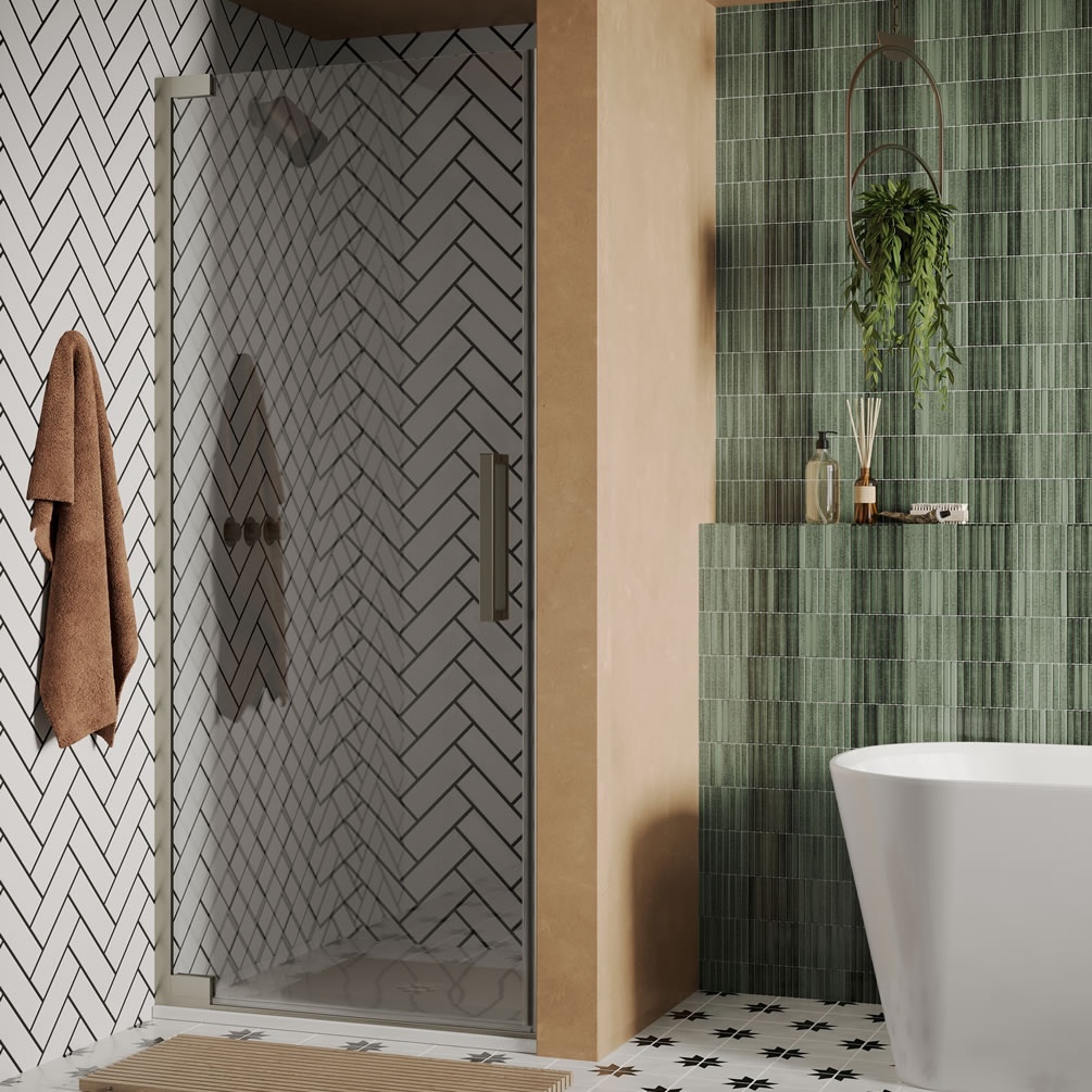 Lifestyle image of Crosswater Asura 8 Brushed Stainless Steel 900mm Hinged Shower Door